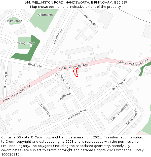 144, WELLINGTON ROAD, HANDSWORTH, BIRMINGHAM, B20 2SF: Location map and indicative extent of plot