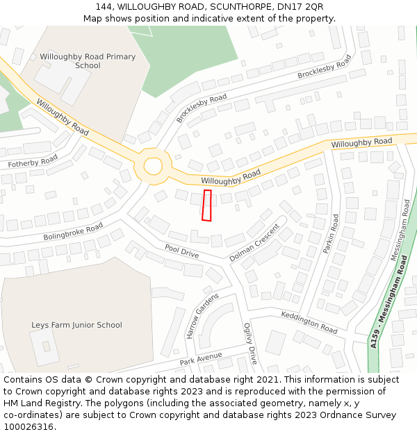 144, WILLOUGHBY ROAD, SCUNTHORPE, DN17 2QR: Location map and indicative extent of plot