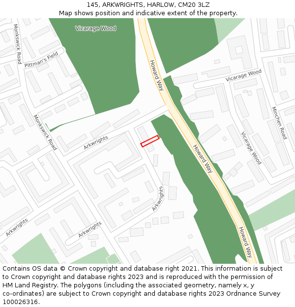 145, ARKWRIGHTS, HARLOW, CM20 3LZ: Location map and indicative extent of plot