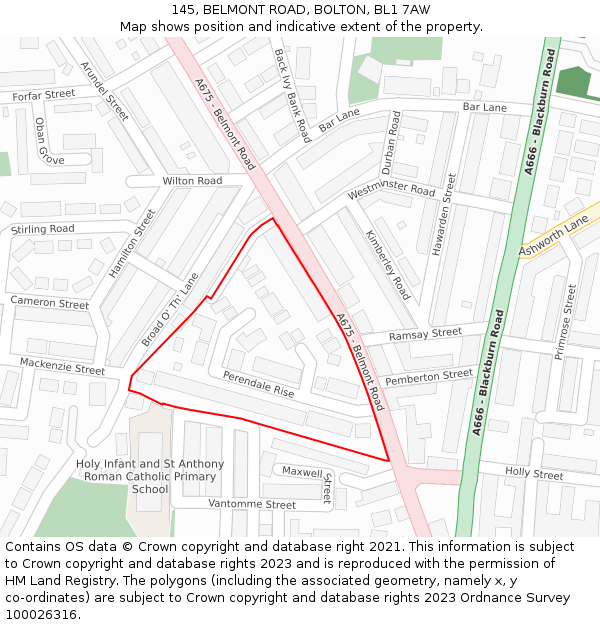 145, BELMONT ROAD, BOLTON, BL1 7AW: Location map and indicative extent of plot