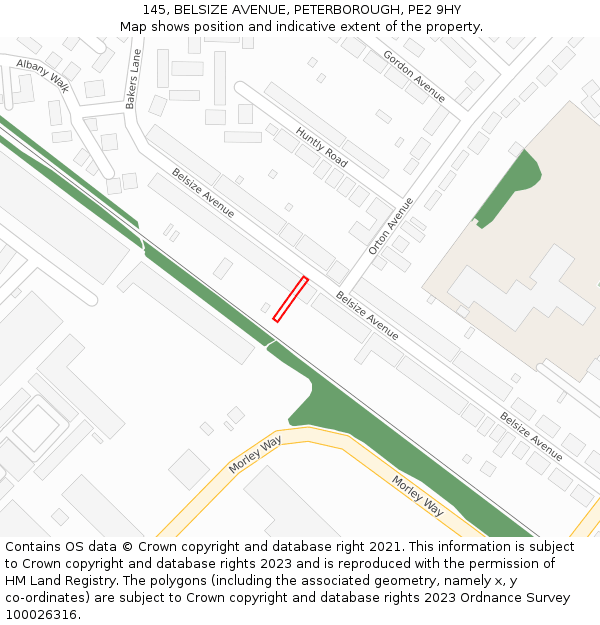145, BELSIZE AVENUE, PETERBOROUGH, PE2 9HY: Location map and indicative extent of plot