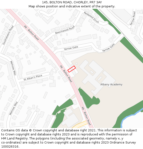 145, BOLTON ROAD, CHORLEY, PR7 3AY: Location map and indicative extent of plot