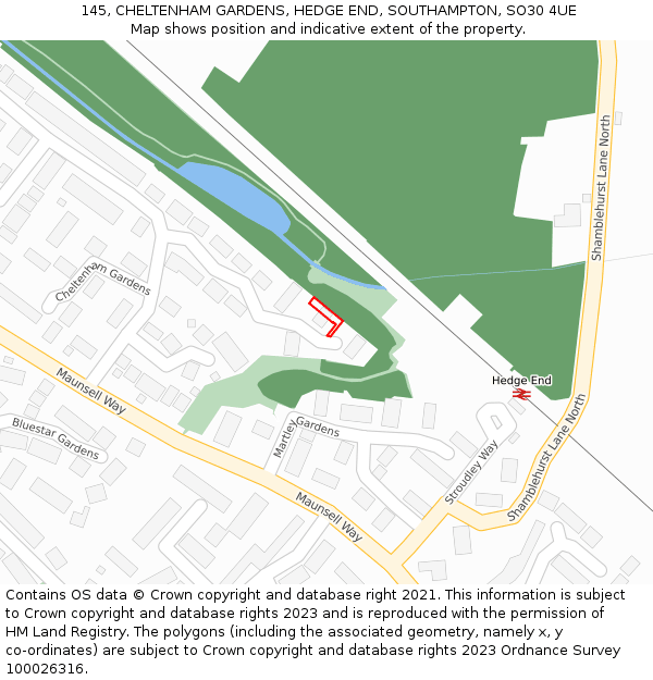 145, CHELTENHAM GARDENS, HEDGE END, SOUTHAMPTON, SO30 4UE: Location map and indicative extent of plot