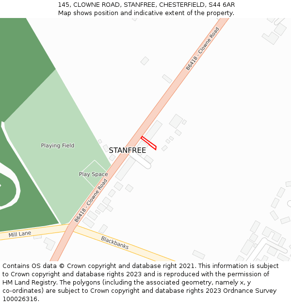 145, CLOWNE ROAD, STANFREE, CHESTERFIELD, S44 6AR: Location map and indicative extent of plot