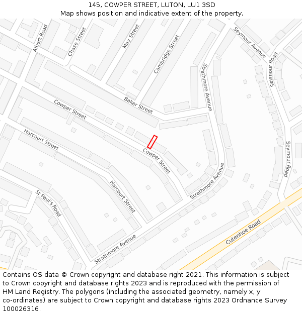 145, COWPER STREET, LUTON, LU1 3SD: Location map and indicative extent of plot