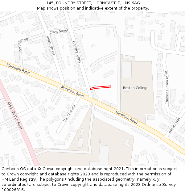 145, FOUNDRY STREET, HORNCASTLE, LN9 6AG: Location map and indicative extent of plot