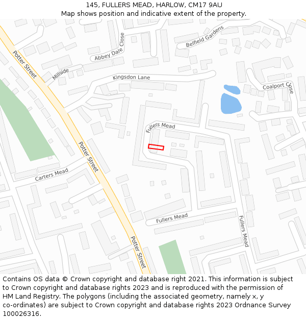 145, FULLERS MEAD, HARLOW, CM17 9AU: Location map and indicative extent of plot