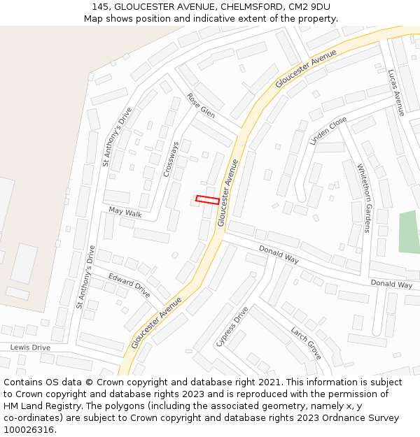 145, GLOUCESTER AVENUE, CHELMSFORD, CM2 9DU: Location map and indicative extent of plot