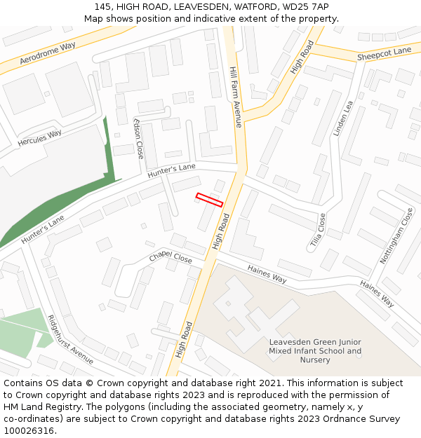 145, HIGH ROAD, LEAVESDEN, WATFORD, WD25 7AP: Location map and indicative extent of plot