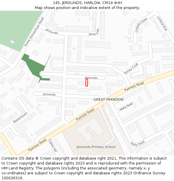 145, JEROUNDS, HARLOW, CM19 4HH: Location map and indicative extent of plot