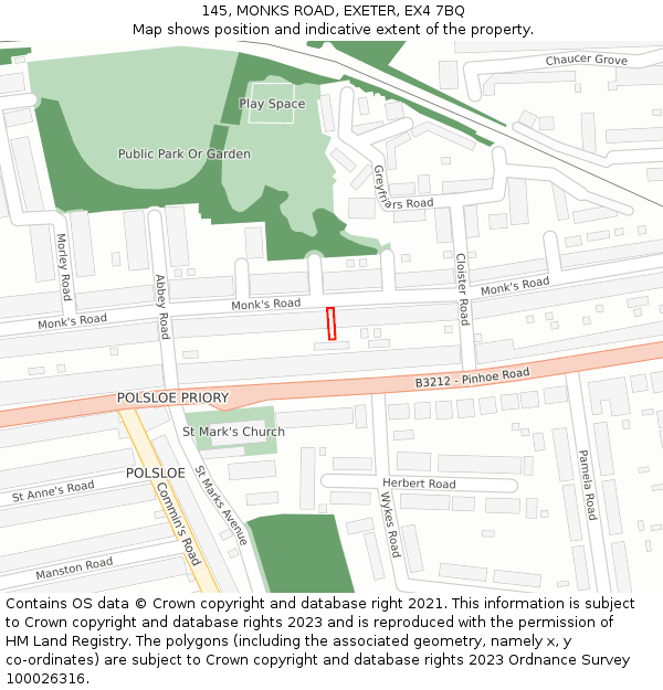 145, MONKS ROAD, EXETER, EX4 7BQ: Location map and indicative extent of plot