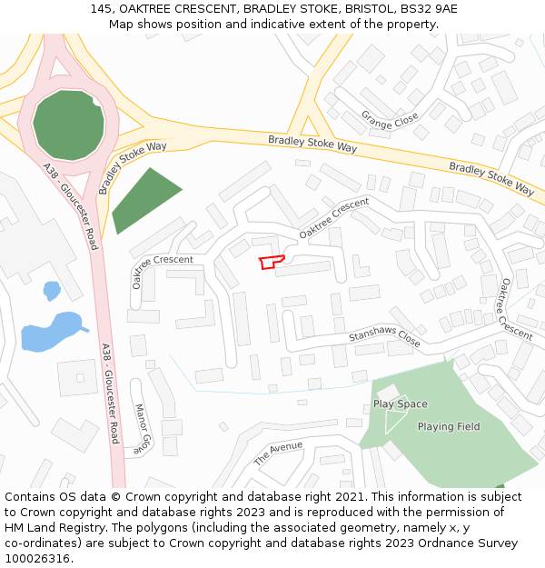 145, OAKTREE CRESCENT, BRADLEY STOKE, BRISTOL, BS32 9AE: Location map and indicative extent of plot