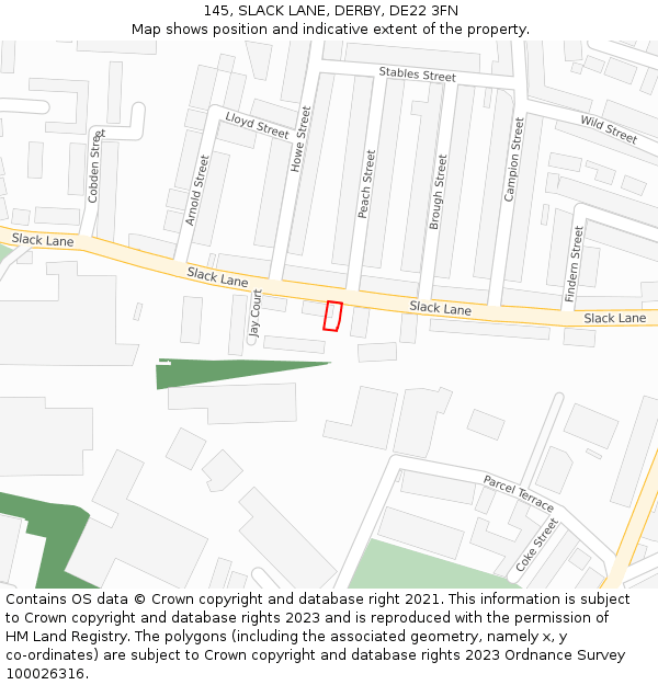 145, SLACK LANE, DERBY, DE22 3FN: Location map and indicative extent of plot