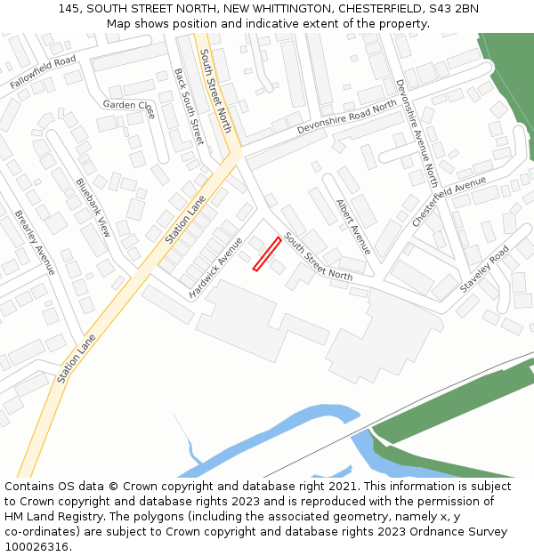 145, SOUTH STREET NORTH, NEW WHITTINGTON, CHESTERFIELD, S43 2BN: Location map and indicative extent of plot