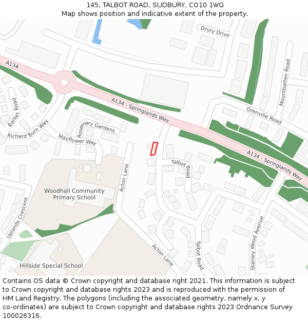 145, TALBOT ROAD, SUDBURY, CO10 1WG: Location map and indicative extent of plot