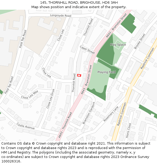 145, THORNHILL ROAD, BRIGHOUSE, HD6 3AH: Location map and indicative extent of plot