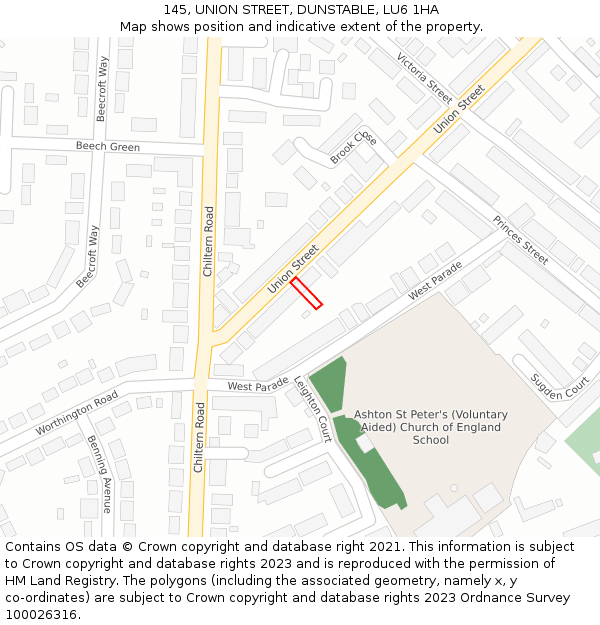 145, UNION STREET, DUNSTABLE, LU6 1HA: Location map and indicative extent of plot