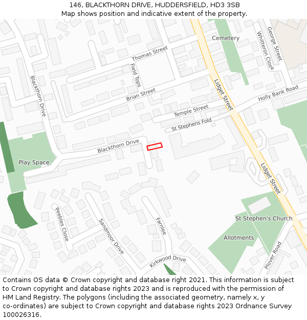 146, BLACKTHORN DRIVE, HUDDERSFIELD, HD3 3SB: Location map and indicative extent of plot