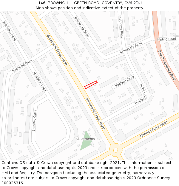 146, BROWNSHILL GREEN ROAD, COVENTRY, CV6 2DU: Location map and indicative extent of plot