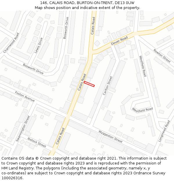 146, CALAIS ROAD, BURTON-ON-TRENT, DE13 0UW: Location map and indicative extent of plot