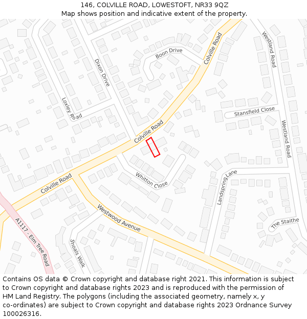 146, COLVILLE ROAD, LOWESTOFT, NR33 9QZ: Location map and indicative extent of plot