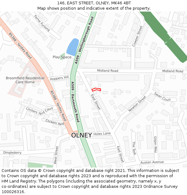 146, EAST STREET, OLNEY, MK46 4BT: Location map and indicative extent of plot