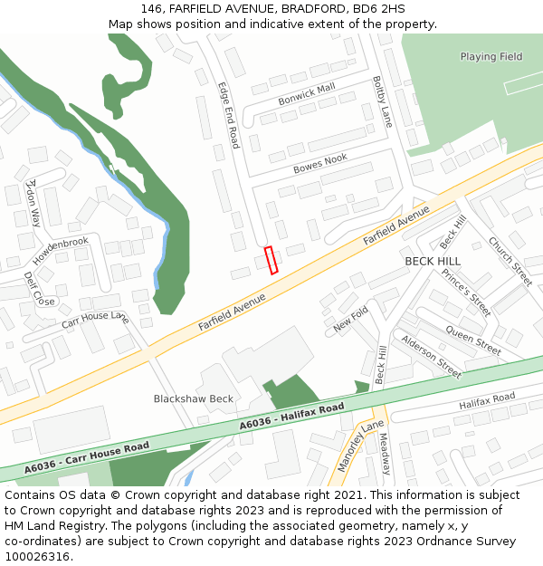 146, FARFIELD AVENUE, BRADFORD, BD6 2HS: Location map and indicative extent of plot