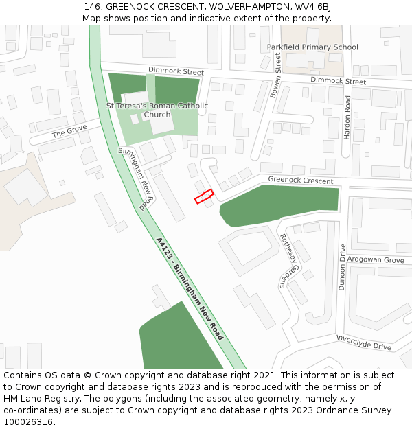 146, GREENOCK CRESCENT, WOLVERHAMPTON, WV4 6BJ: Location map and indicative extent of plot