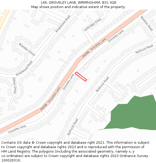 146, GROVELEY LANE, BIRMINGHAM, B31 4QE: Location map and indicative extent of plot