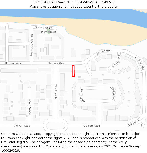 146, HARBOUR WAY, SHOREHAM-BY-SEA, BN43 5HJ: Location map and indicative extent of plot