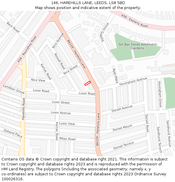 146, HAREHILLS LANE, LEEDS, LS8 5BD: Location map and indicative extent of plot