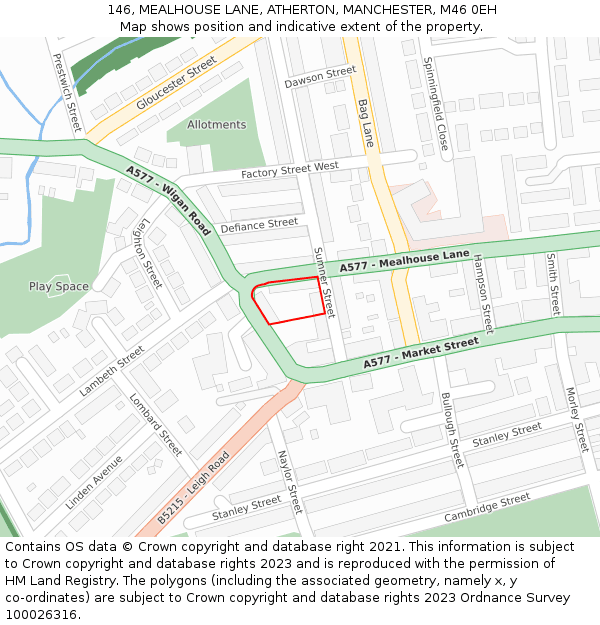 146, MEALHOUSE LANE, ATHERTON, MANCHESTER, M46 0EH: Location map and indicative extent of plot