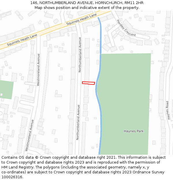 146, NORTHUMBERLAND AVENUE, HORNCHURCH, RM11 2HR: Location map and indicative extent of plot