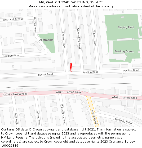146, PAVILION ROAD, WORTHING, BN14 7EL: Location map and indicative extent of plot