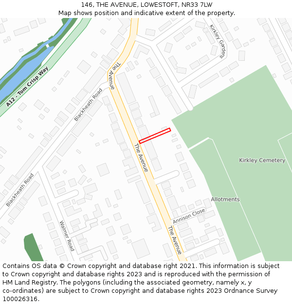 146, THE AVENUE, LOWESTOFT, NR33 7LW: Location map and indicative extent of plot