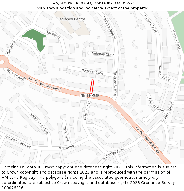 146, WARWICK ROAD, BANBURY, OX16 2AP: Location map and indicative extent of plot