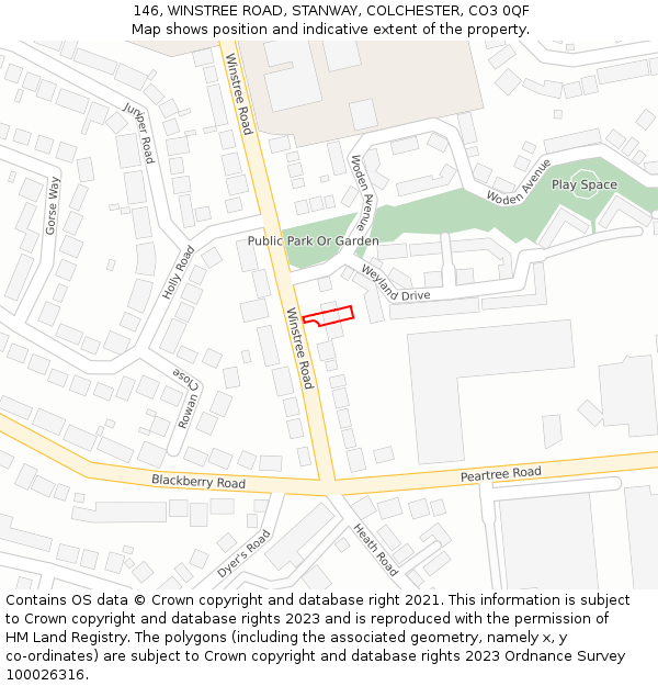 146, WINSTREE ROAD, STANWAY, COLCHESTER, CO3 0QF: Location map and indicative extent of plot