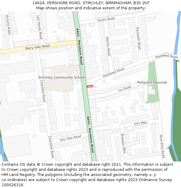 1462A, PERSHORE ROAD, STIRCHLEY, BIRMINGHAM, B30 2NT: Location map and indicative extent of plot