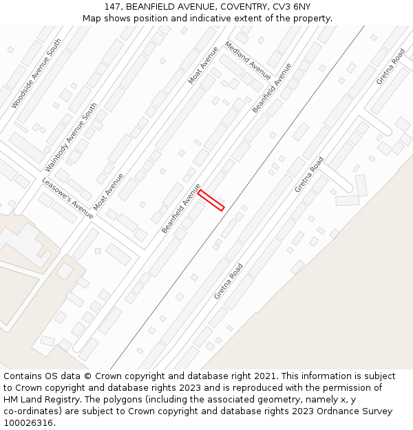 147, BEANFIELD AVENUE, COVENTRY, CV3 6NY: Location map and indicative extent of plot