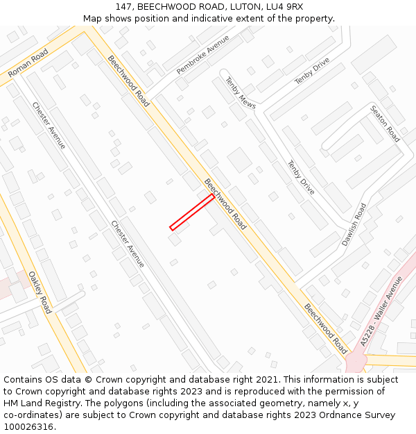 147, BEECHWOOD ROAD, LUTON, LU4 9RX: Location map and indicative extent of plot