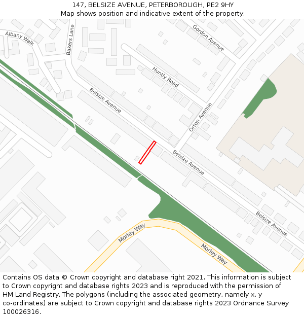 147, BELSIZE AVENUE, PETERBOROUGH, PE2 9HY: Location map and indicative extent of plot