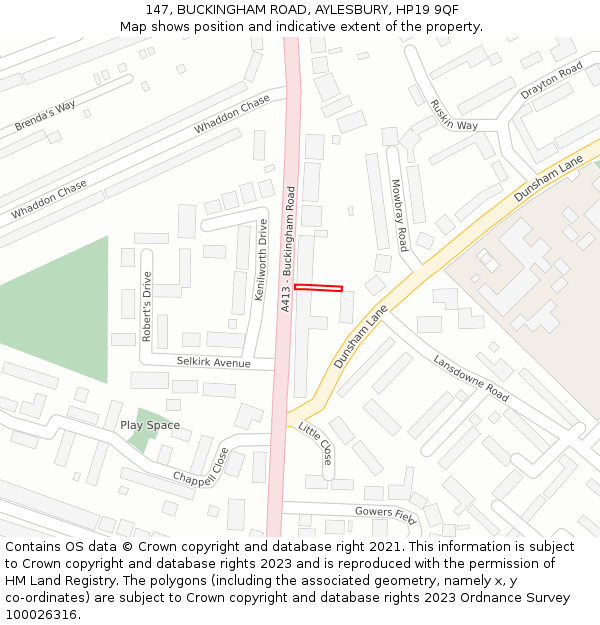 147, BUCKINGHAM ROAD, AYLESBURY, HP19 9QF: Location map and indicative extent of plot