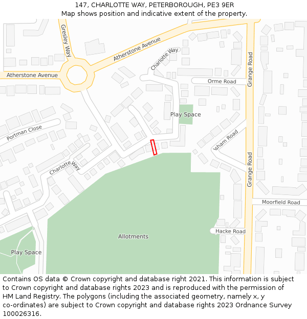 147, CHARLOTTE WAY, PETERBOROUGH, PE3 9ER: Location map and indicative extent of plot