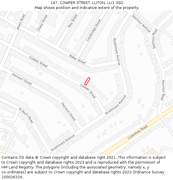 147, COWPER STREET, LUTON, LU1 3SD: Location map and indicative extent of plot