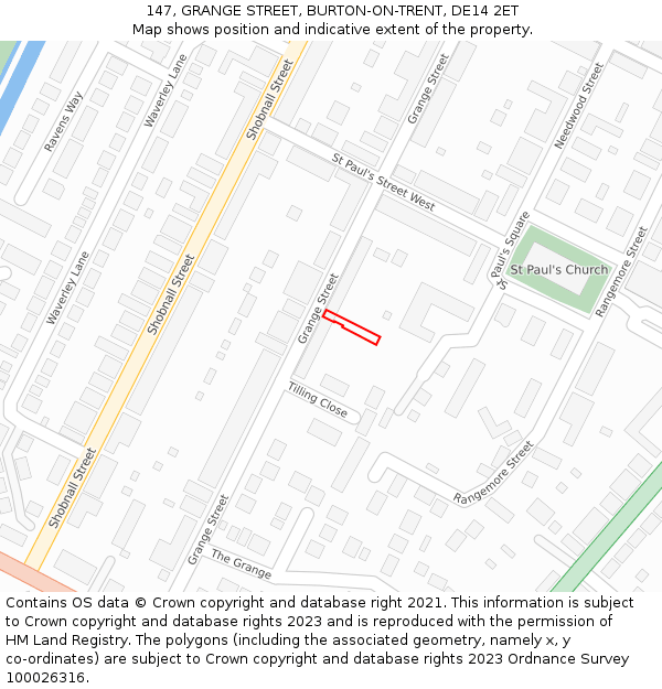 147, GRANGE STREET, BURTON-ON-TRENT, DE14 2ET: Location map and indicative extent of plot