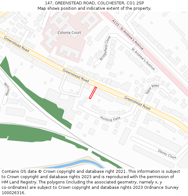 147, GREENSTEAD ROAD, COLCHESTER, CO1 2SP: Location map and indicative extent of plot