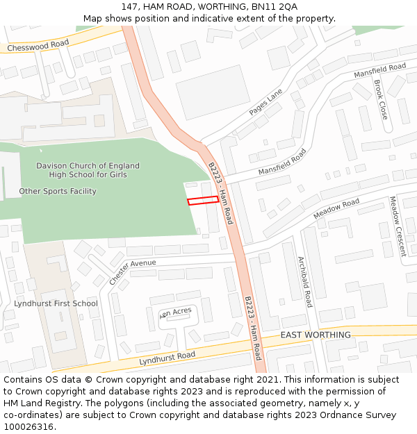 147, HAM ROAD, WORTHING, BN11 2QA: Location map and indicative extent of plot