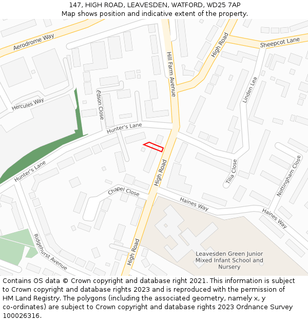 147, HIGH ROAD, LEAVESDEN, WATFORD, WD25 7AP: Location map and indicative extent of plot