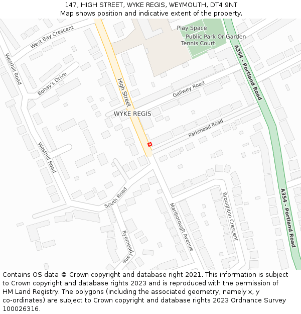 147, HIGH STREET, WYKE REGIS, WEYMOUTH, DT4 9NT: Location map and indicative extent of plot
