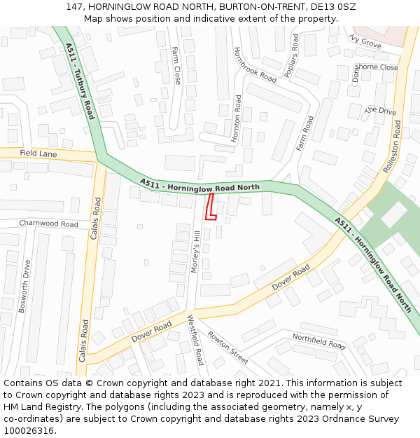 147, HORNINGLOW ROAD NORTH, BURTON-ON-TRENT, DE13 0SZ: Location map and indicative extent of plot